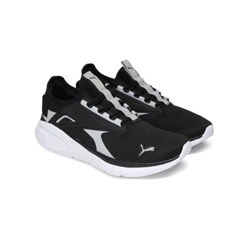 “Puma black white shoes with cushioned sole, durable rubber outsole, and stylish sporty design for men and women.”
