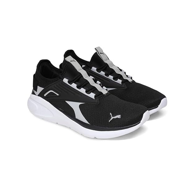 “Puma black white shoes with cushioned sole, durable rubber outsole, and stylish sporty design for men and women.”
