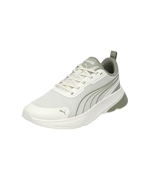 Puma white sneakers with lightweight design, breathable mesh upper, cushioned midsole and durable rubber sole for all-day comfort and style"
