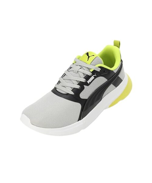 “Puma grey shoes with cushioned sole, breathable mesh upper, and stylish versatile design for men and women.”