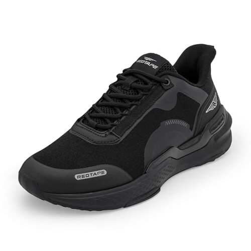 red tape gym shoes. in grey and black with breathable mesh upper, cushioned EVA sole, and flexible rubber outsole for running, training, and casual workouts