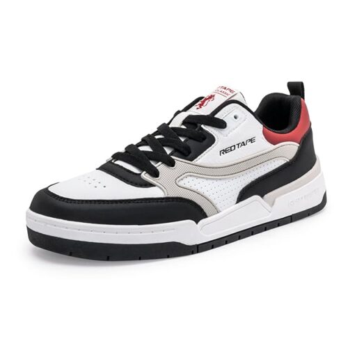 red tape sneakers for men. grey and black with breathable mesh upper, cushioned EVA midsole, flexible rubber outsole, and padded collar for gym, running, and casual wear