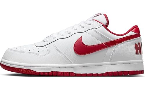 nike red white sneakers. men with cushioned sole and breathable upper