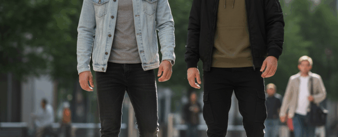 best red tape trendy shoes. Two stylish men walking in a city square, wearing casual Red Tape sneakers and modern street fashion.