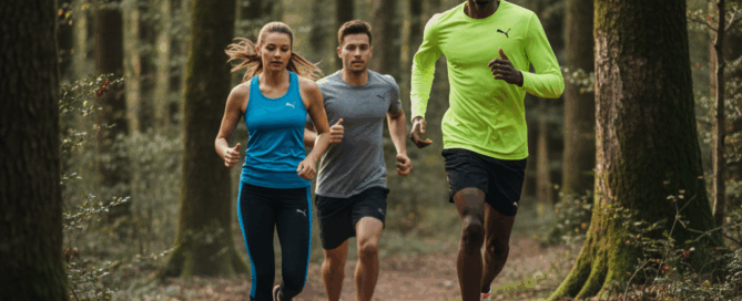 best light wieght running shoes .Three athletes, two men and one woman, are trail running through a dense forest, all wearing Puma athletic gear and shoes.