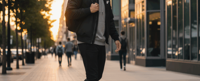 best nike comfortable shoes. A stylish man in a black jacket and gray hoodie walks on a city sidewalk at sunset, wearing colorful Nike Air Max sneakers.